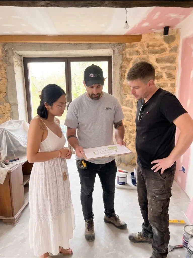 Les 3 associés de Bois Plâtre Aménagement discutent d'un plan de construction à l'intérieur d'un bâtiment en rénovation.