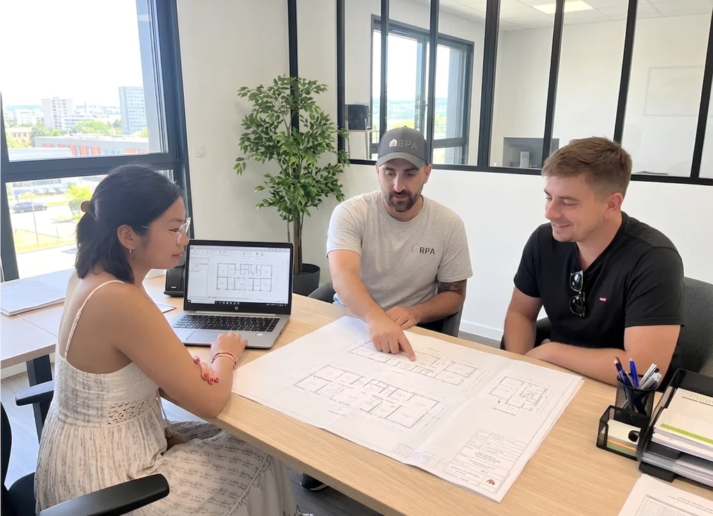Les associés de Bois Plâtre Aménagement discutent autour d'une table avec des plans d'une rénovation intérieure et un ordinateur portable affichant des plans.