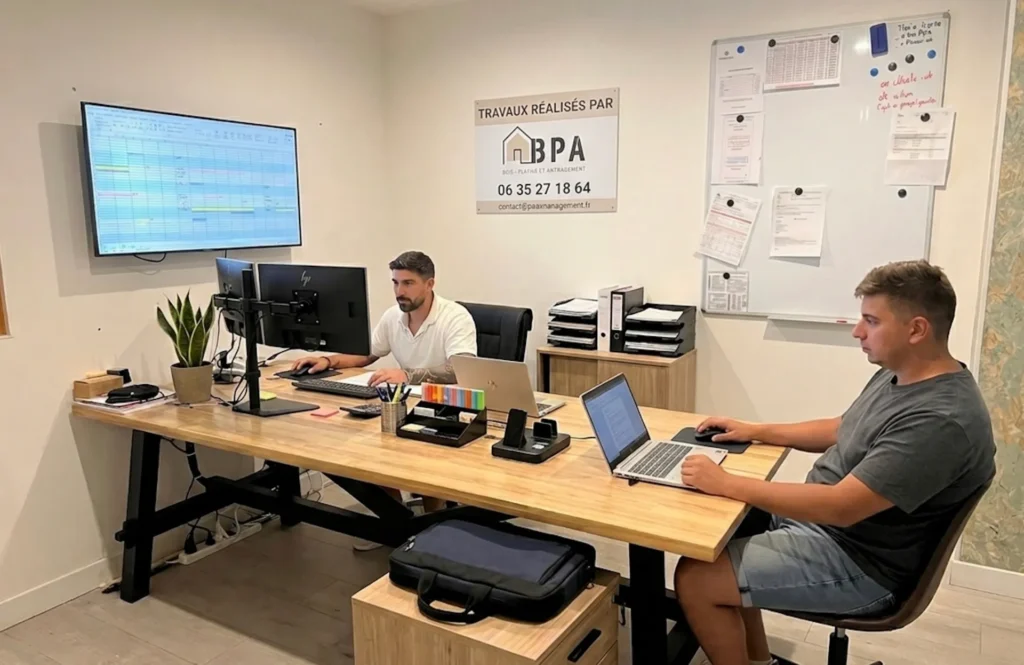 Les associés de BPA travaillent sur des ordinateurs dans leur locaux professionnels