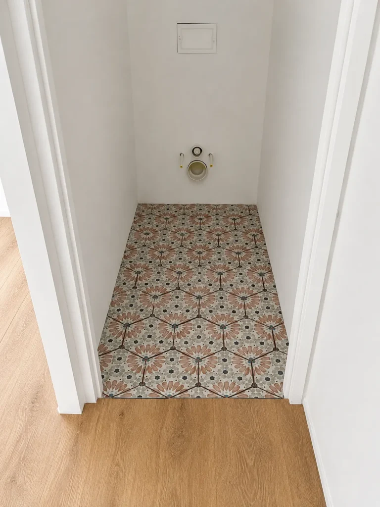 Carrelage hexagonal à motifs floraux roses et gris, sur un sol de salle de bain blanche avec tuyaux et panneau mural