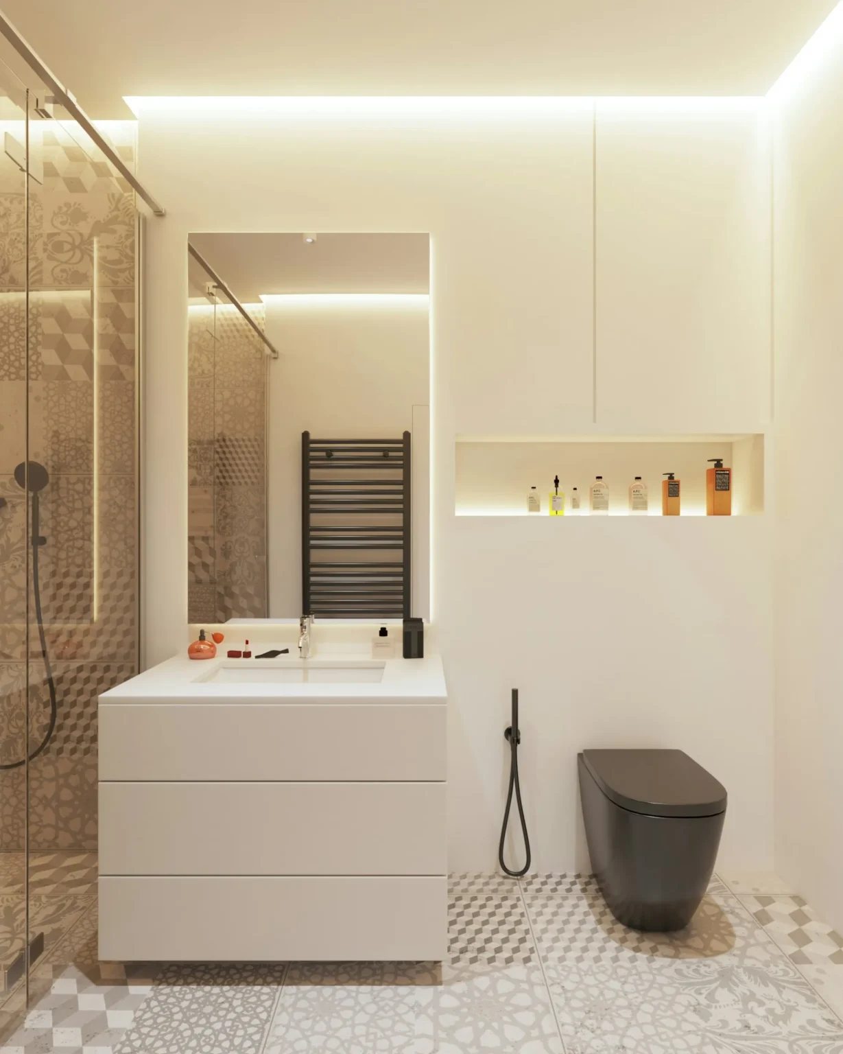 Salle de bain moderne avec vanité blanche, miroir, douche carrelée, porte-serviettes et toilettes noires.