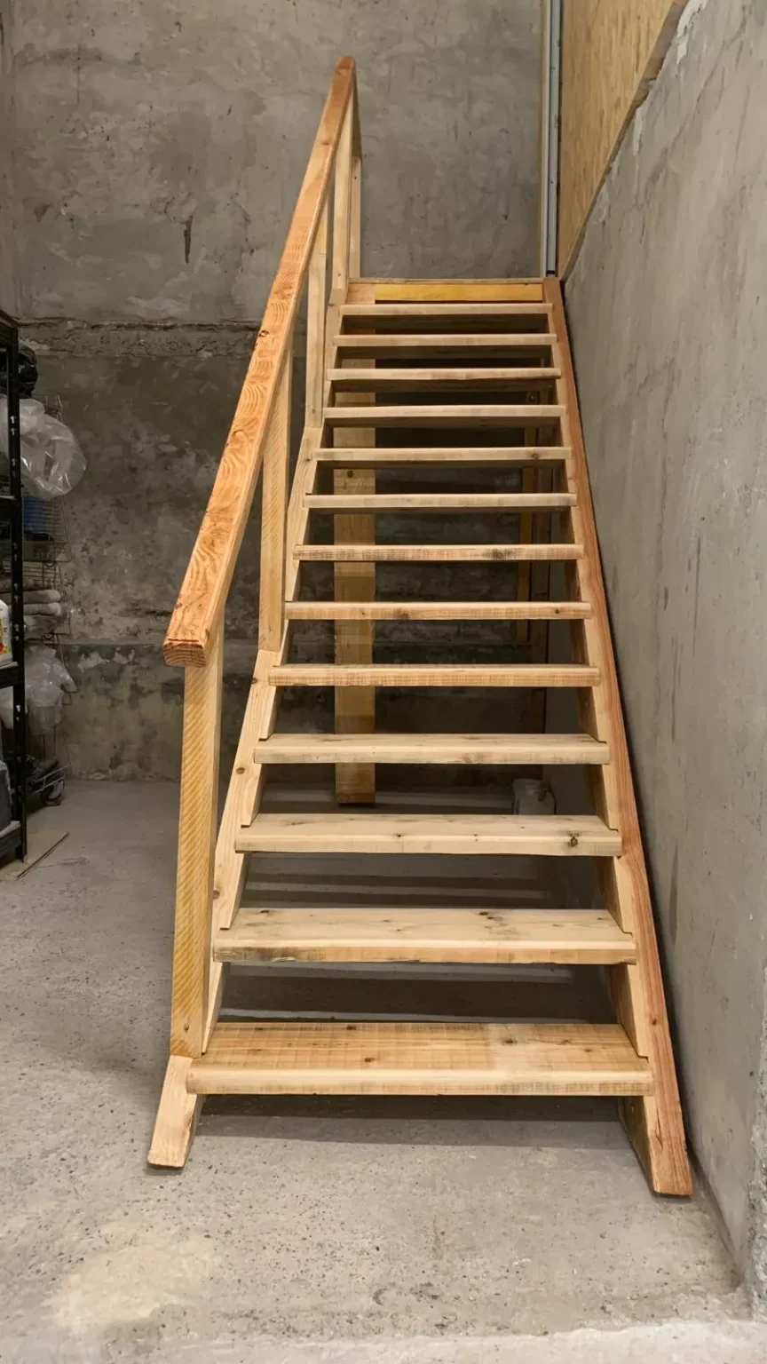 Escalier en bois brut avec rampe, descendant vers un sol en béton.