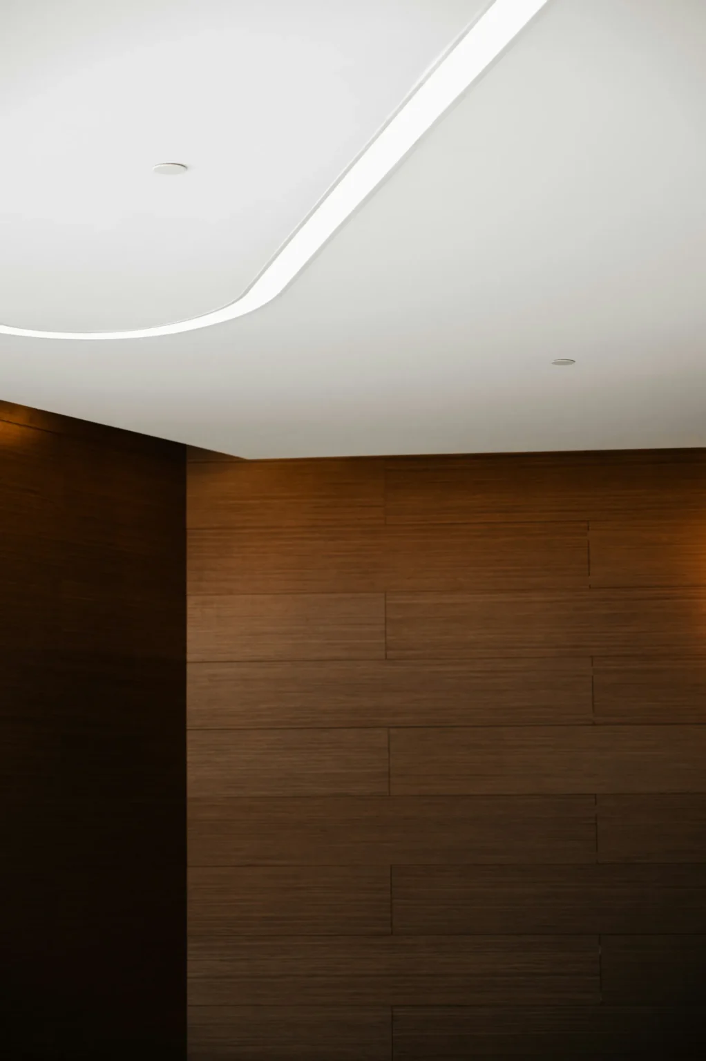 Intérieur moderne avec mur en bois sombre et plafond blanc avec éclairage indirect courbe.