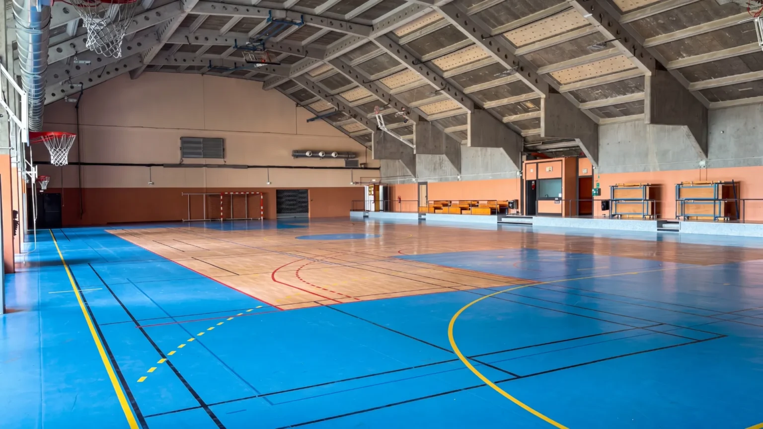 Gymnase avec sol bleu et parquet, lignes de jeu, paniers de basket et buts de handball, gradins et structure architecturale particulière du toit.