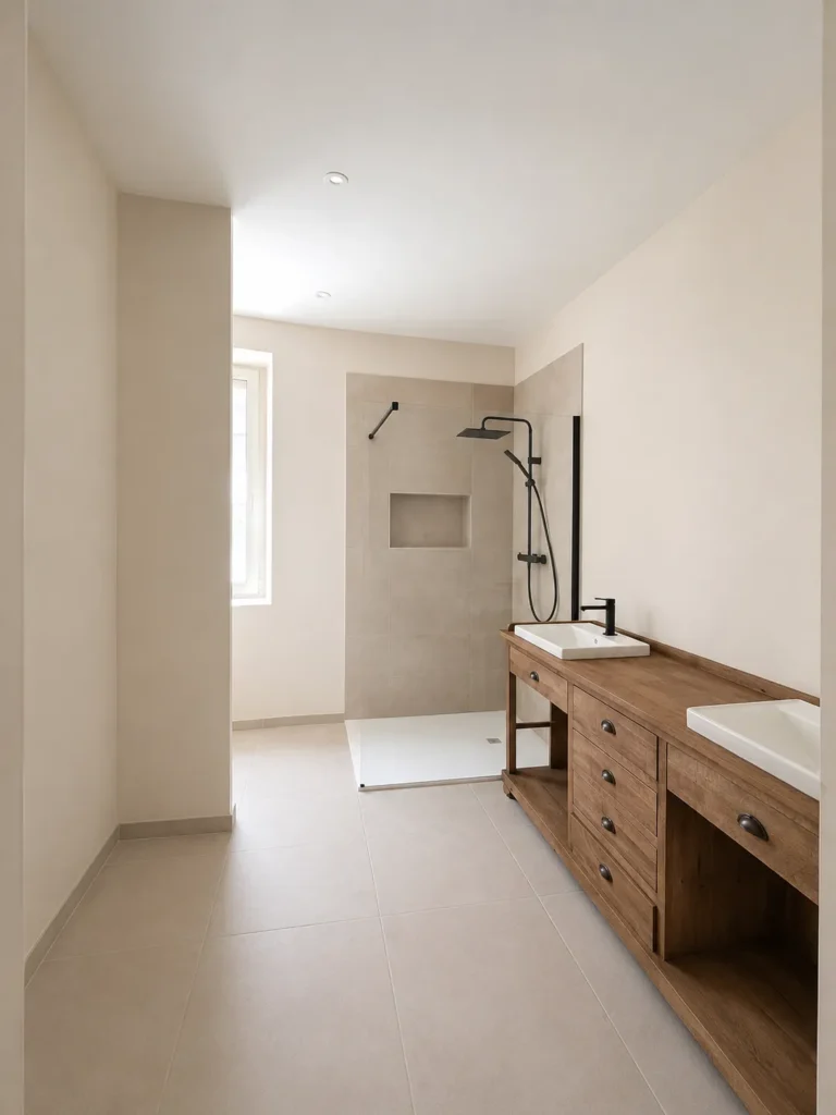 Salle de bain moderne avec douche à l'italienne, meuble double vasque en bois et carrelage beige.