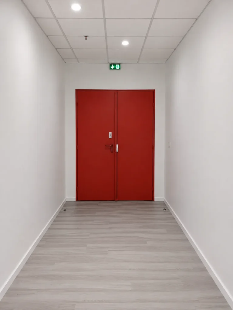 Couloir blanc avec deux portes rouges fermées au fond et un panneau de sortie de secours vert au-dessus.