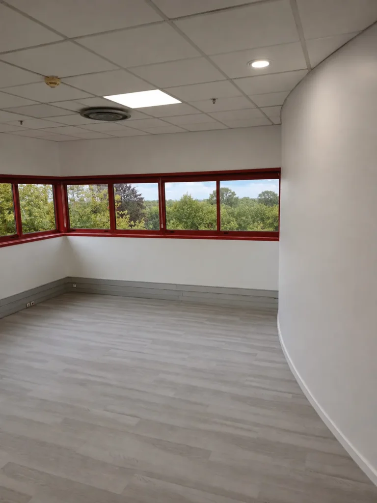 Vue d'un bureau vide avec un grand angle de fenêtres offrant une vue sur la végétation et un plafond décoratif.