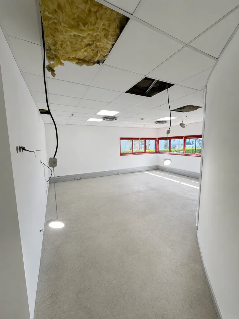 Bureau en cours de rénovation avec un faux plafond dégradé, isolation visible, fils électriques pendants et une fenêtre avec encadrement rouge.