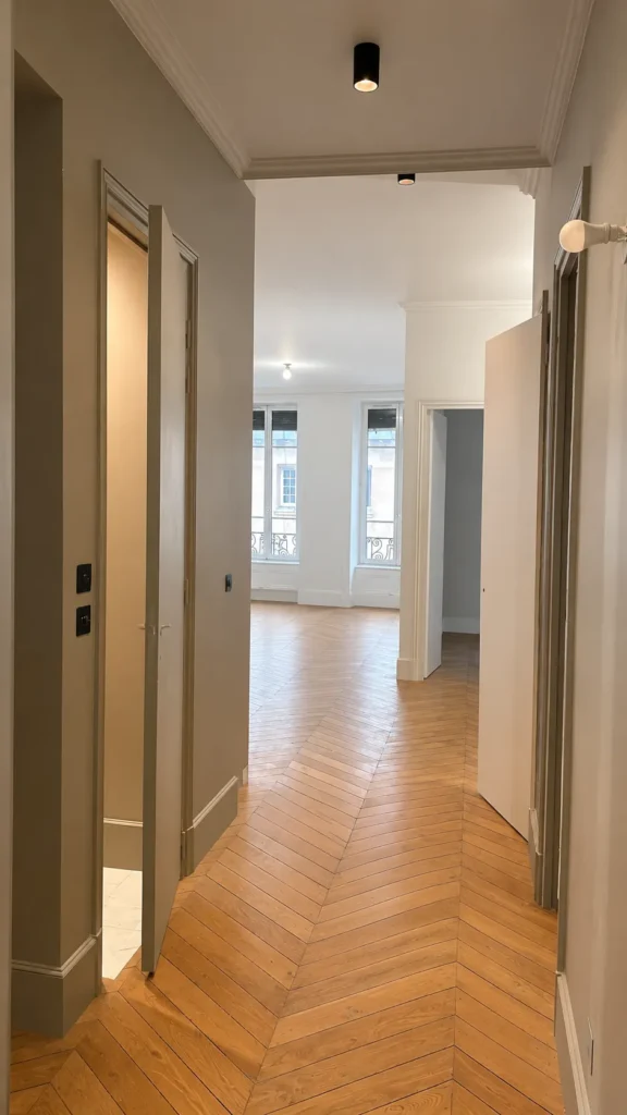 Couloir d'un appartement avec parquet en point de Hongrie, portes ouvertes sur des pièces lumineuses et deux fenêtres.