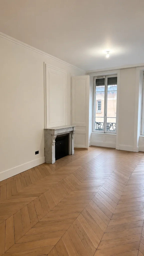 Gros plan sur un parquet en bois à chevrons dans un salon aux murs blancs, avec une cheminée en marbre et des moulures classiques.