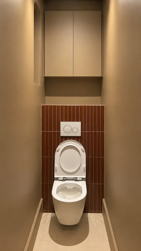 Toilettes modernes suspendues avec carrelage vertical marron, une boîte de chasse d'eau encastrée et une armoire murale beige au-dessus.